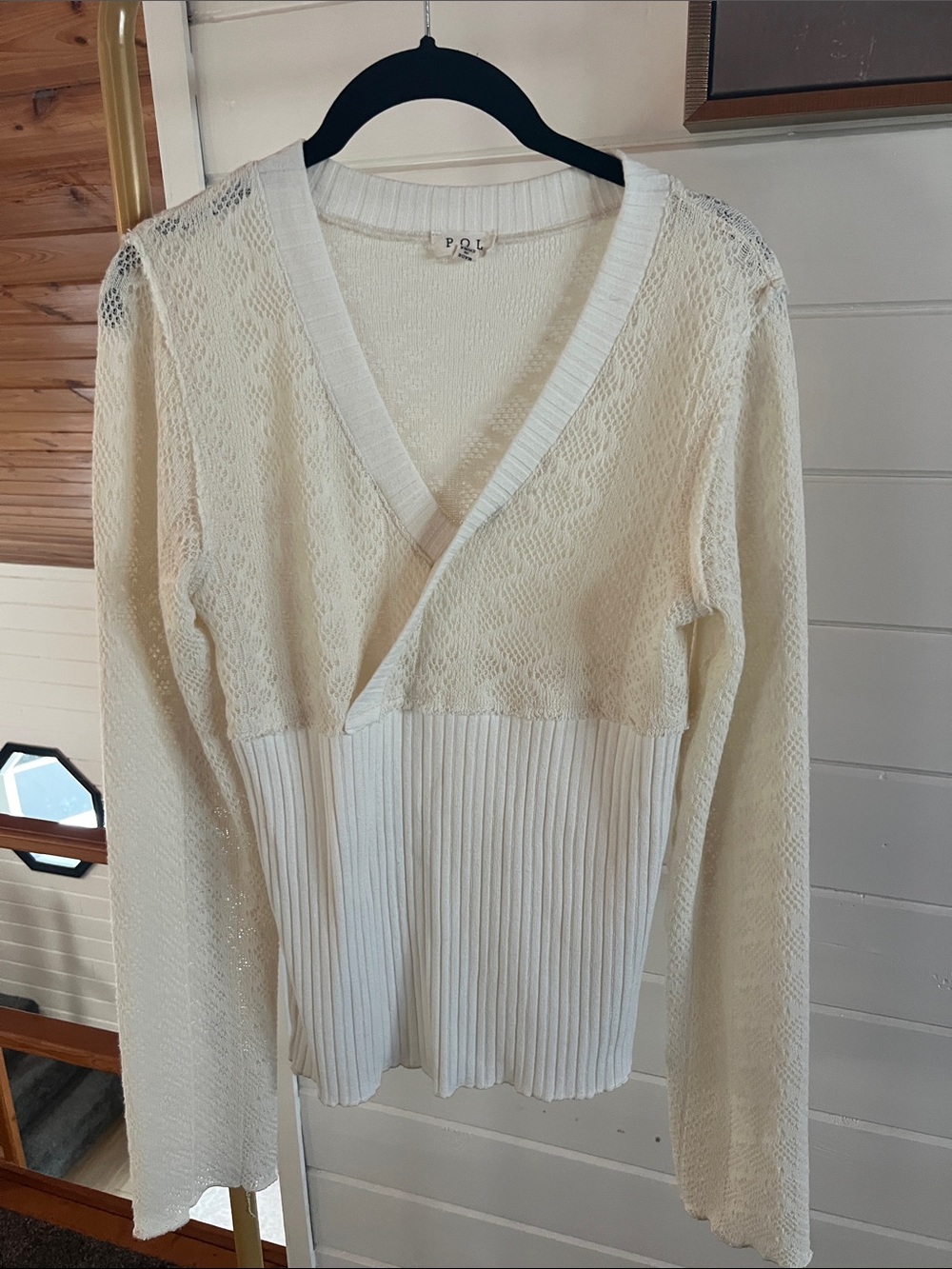 POL Cream Lace-Panel V-Neck Sweater